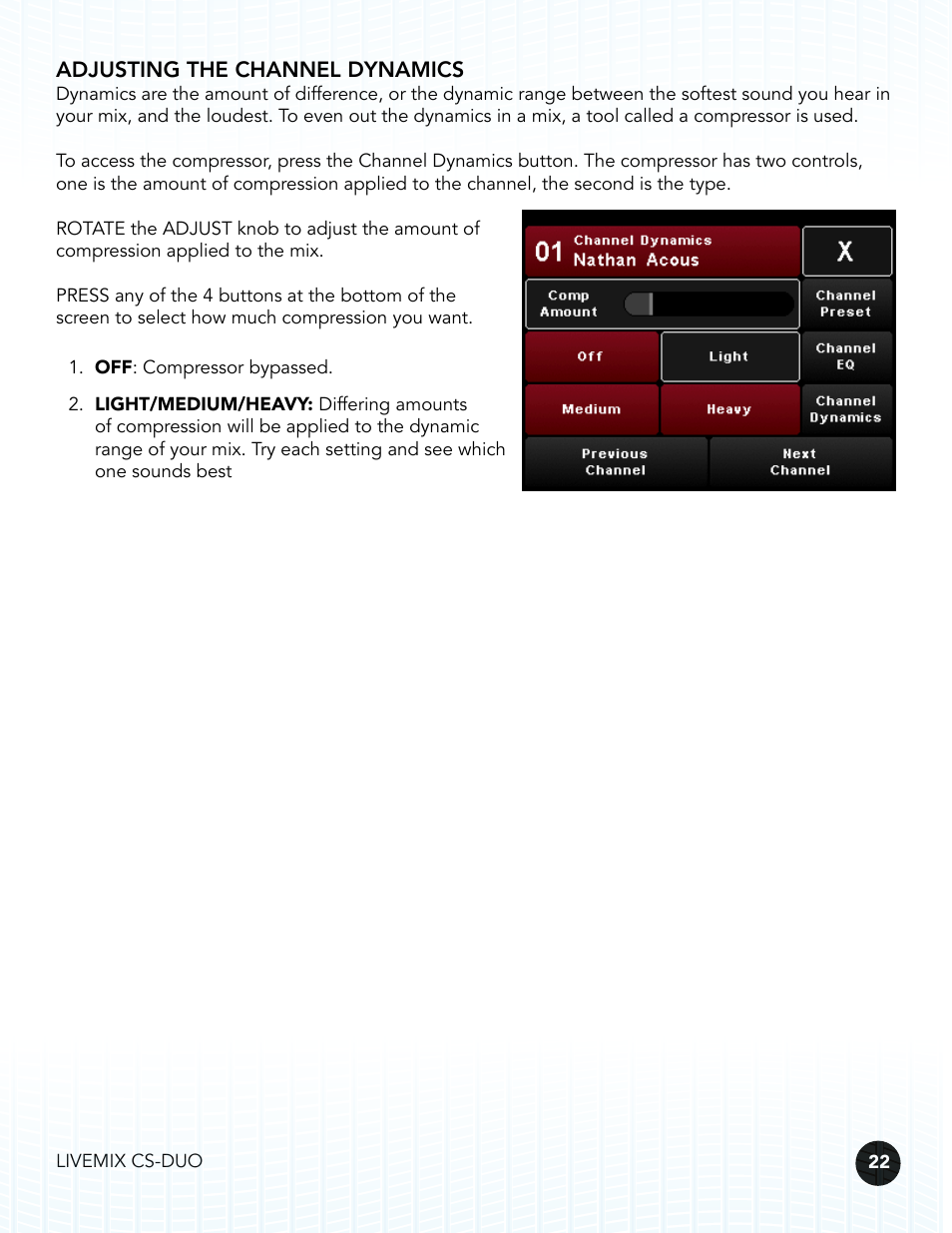 Adjusting the channel dynamics | Digital Audio Labs Livemix CS-DUO Personal Mixer User Guide User Manual | Page 24 / 51