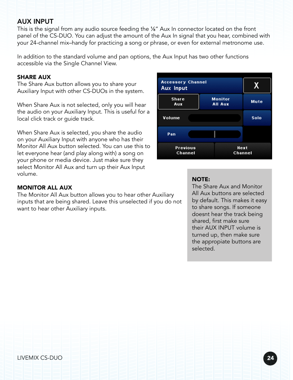 Aux input | Digital Audio Labs Livemix CS-DUO Personal Mixer User Guide User Manual | Page 26 / 51