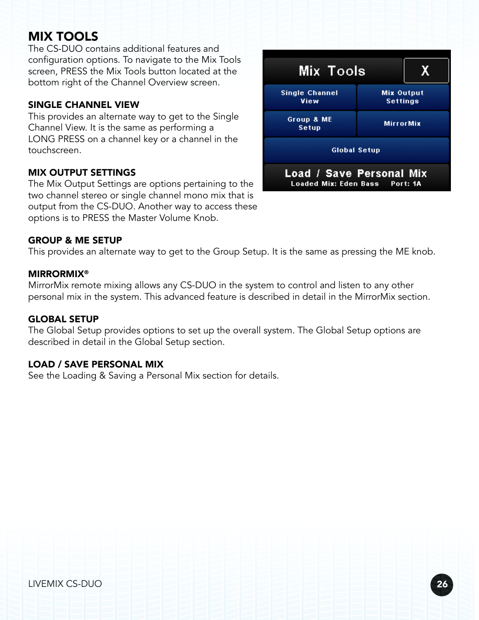 Mix tools | Digital Audio Labs Livemix CS-DUO Personal Mixer User Guide User Manual | Page 28 / 51