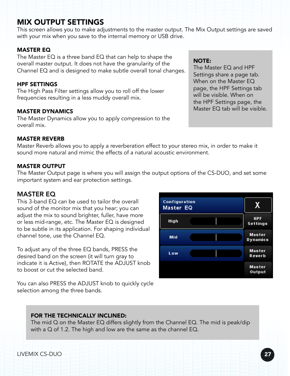 Mix output settings, Master eq | Digital Audio Labs Livemix CS-DUO Personal Mixer User Guide User Manual | Page 29 / 51