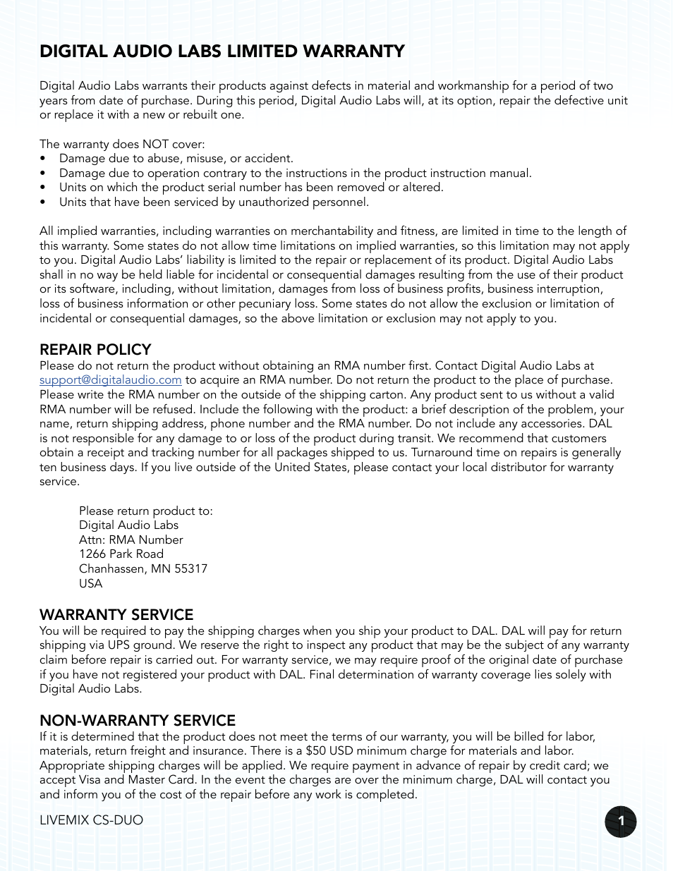 Digital audio labs limited warranty, Repair policy, Warranty service | Non-warranty service | Digital Audio Labs Livemix CS-DUO Personal Mixer User Guide User Manual | Page 3 / 51