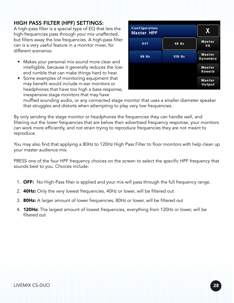 High pass filter (hpf) settings | Digital Audio Labs Livemix CS-DUO Personal Mixer User Guide User Manual | Page 30 / 51