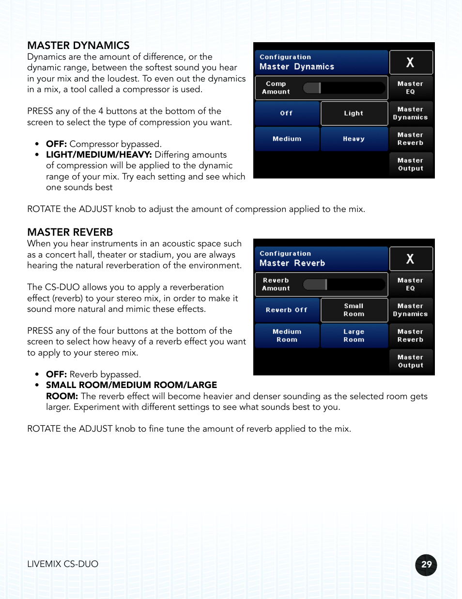 Master dynamics, Master reverb | Digital Audio Labs Livemix CS-DUO Personal Mixer User Guide User Manual | Page 31 / 51
