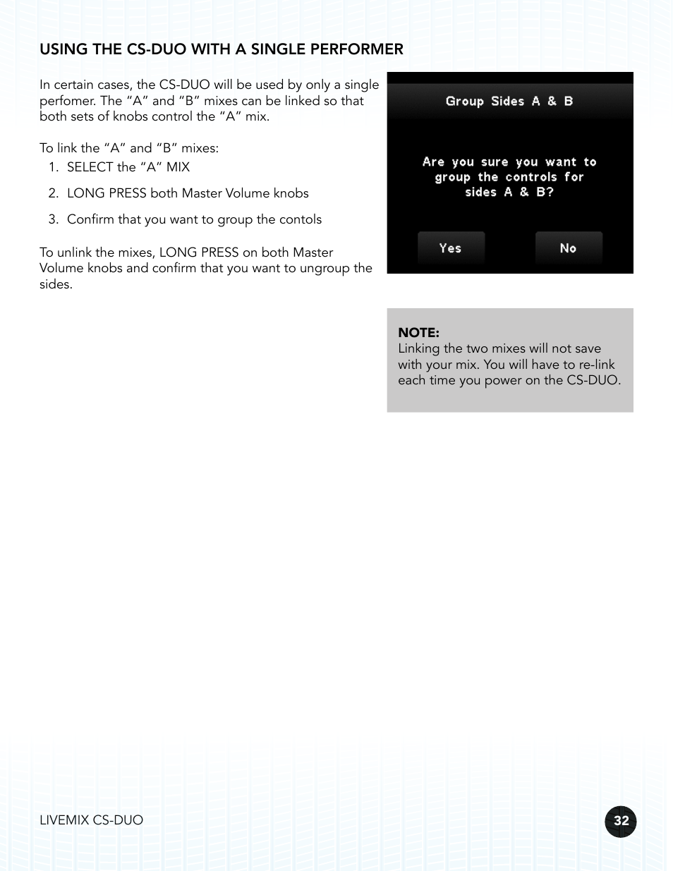 Using the cs-duo with a single performer | Digital Audio Labs Livemix CS-DUO Personal Mixer User Guide User Manual | Page 34 / 51
