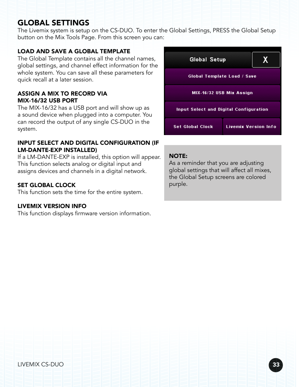 Global settings | Digital Audio Labs Livemix CS-DUO Personal Mixer User Guide User Manual | Page 35 / 51