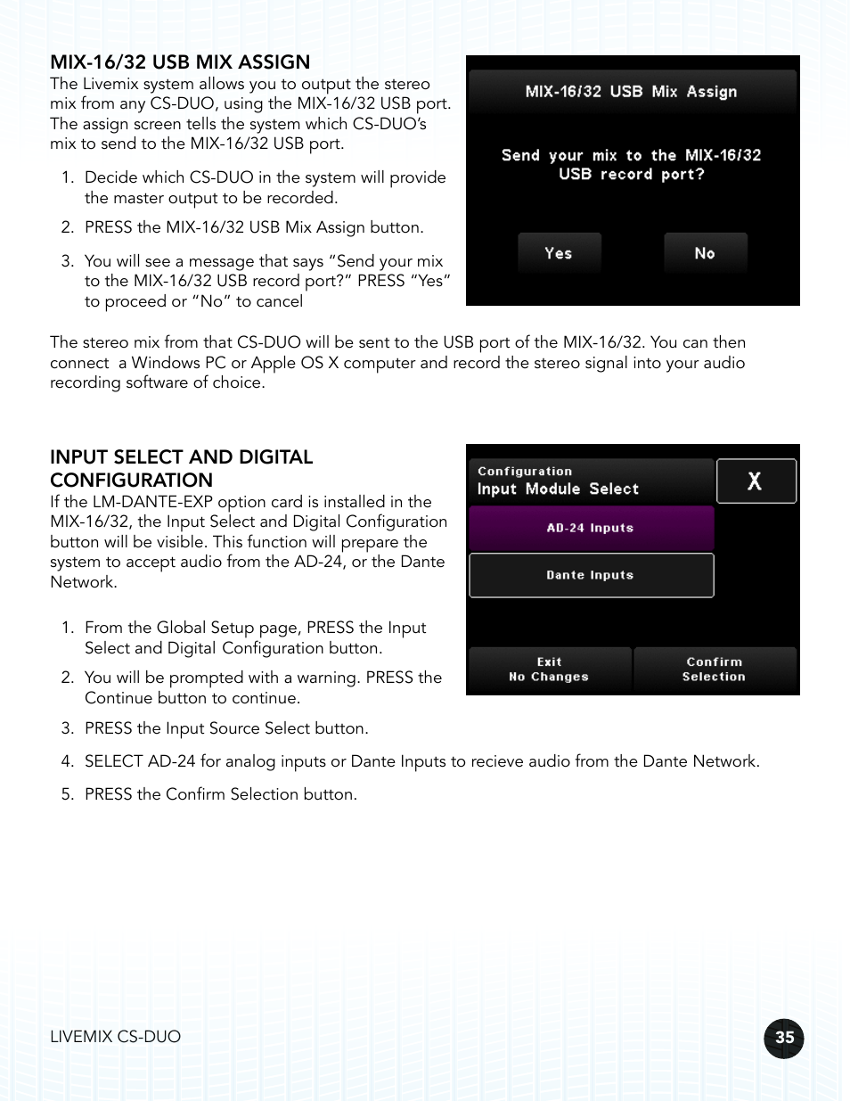 Mix-16/32 usb mix assign, Input select and digital configuration | Digital Audio Labs Livemix CS-DUO Personal Mixer User Guide User Manual | Page 37 / 51