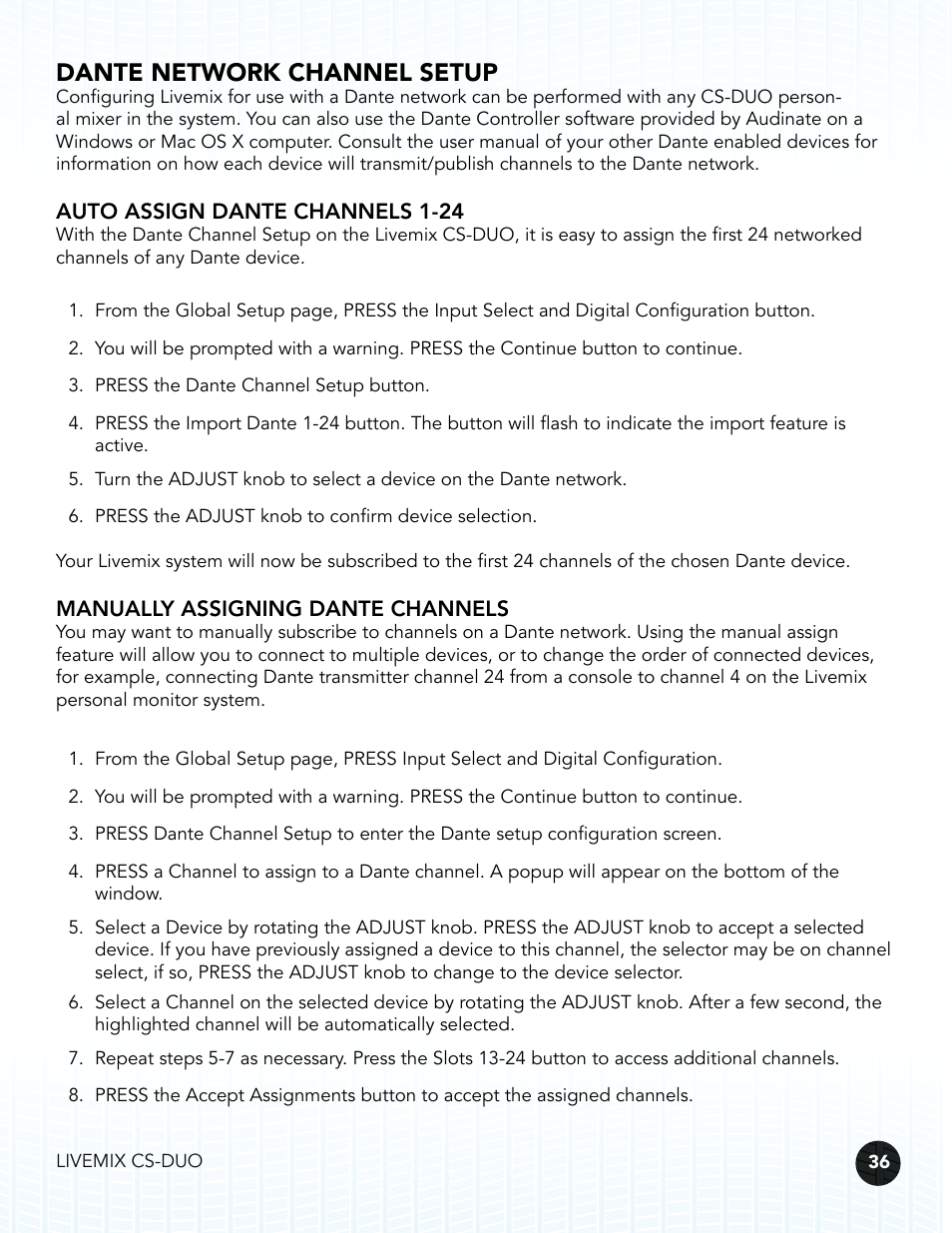 Dante network channel setup, Auto assign dante channels 1-24, Manually assigning dante channels | Digital Audio Labs Livemix CS-DUO Personal Mixer User Guide User Manual | Page 38 / 51