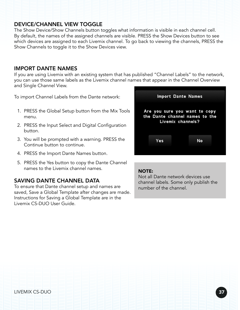 Device/channel view toggle, Import dante names, Saving dante channel data | Digital Audio Labs Livemix CS-DUO Personal Mixer User Guide User Manual | Page 39 / 51