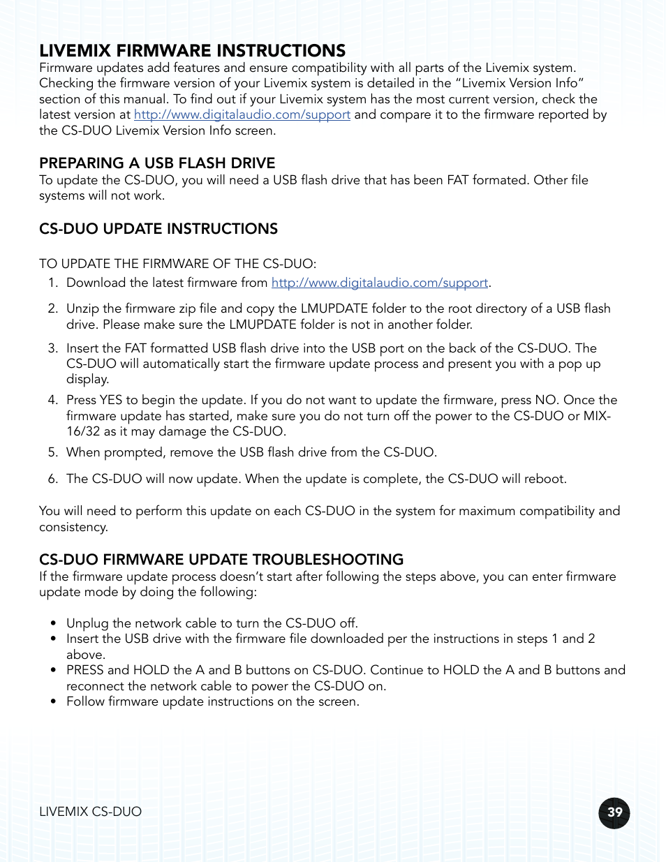 Livemix firmware instructions, Cs-duo update instructions, Cs-duo firmware update troubleshooting | Digital Audio Labs Livemix CS-DUO Personal Mixer User Guide User Manual | Page 41 / 51