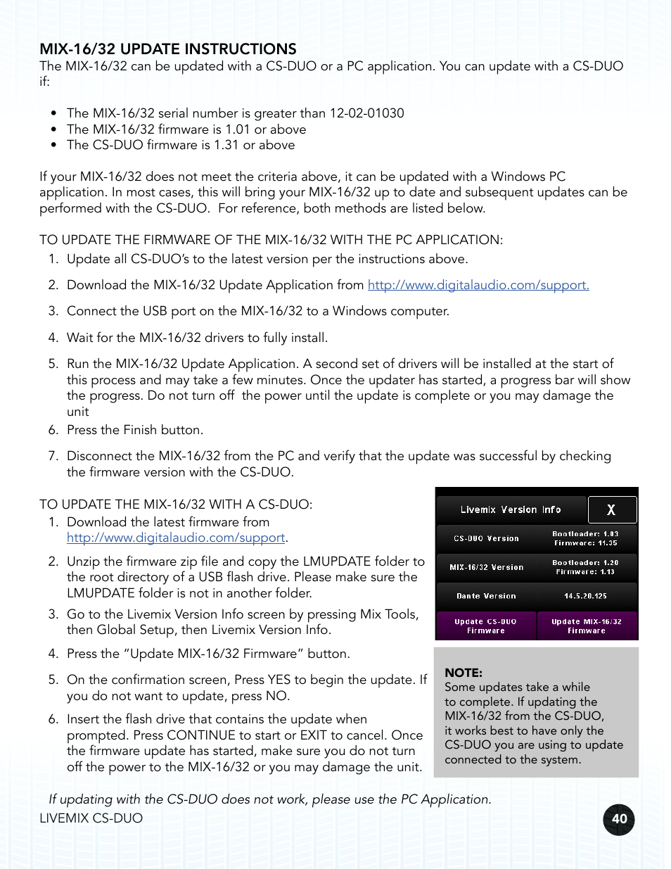 Mix-16/32 update instructions | Digital Audio Labs Livemix CS-DUO Personal Mixer User Guide User Manual | Page 42 / 51