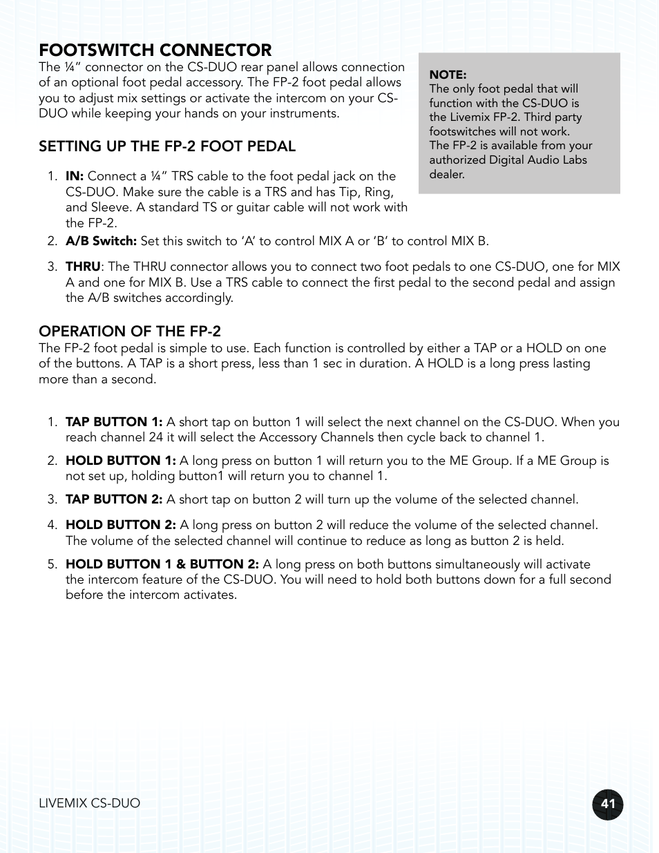 Footswitch connector, Setting up an fp-2 foot pedal, Operation of the fp-2 | Digital Audio Labs Livemix CS-DUO Personal Mixer User Guide User Manual | Page 43 / 51