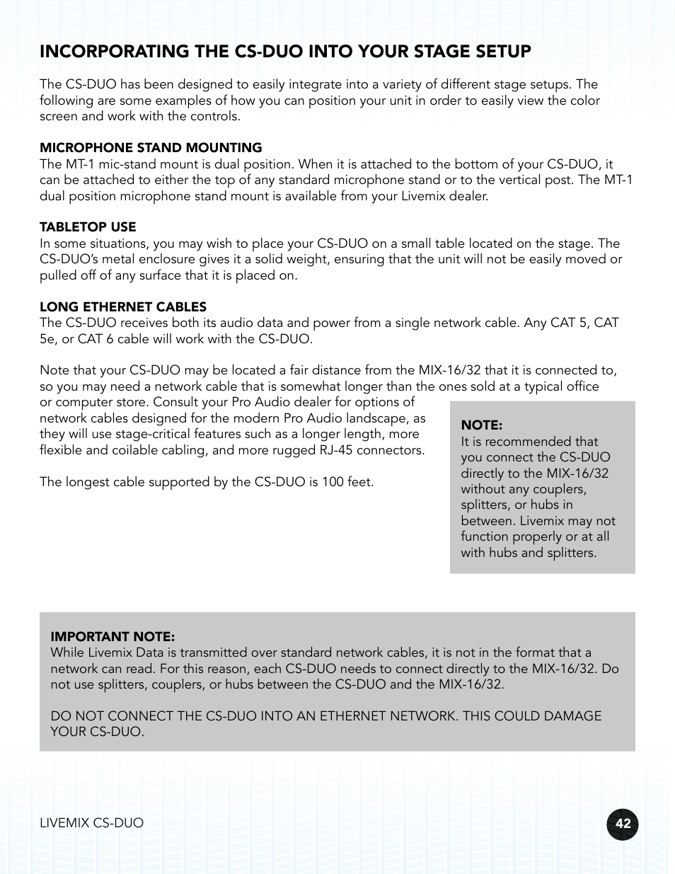 Incorporating the cs-duo into your stage setup | Digital Audio Labs Livemix CS-DUO Personal Mixer User Guide User Manual | Page 44 / 51