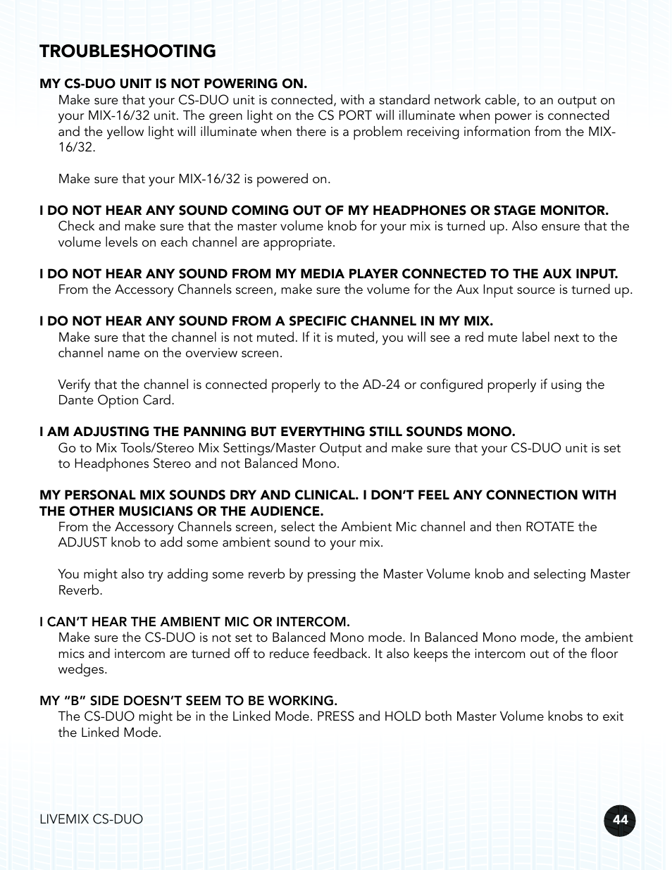 Troubleshooting | Digital Audio Labs Livemix CS-DUO Personal Mixer User Guide User Manual | Page 46 / 51