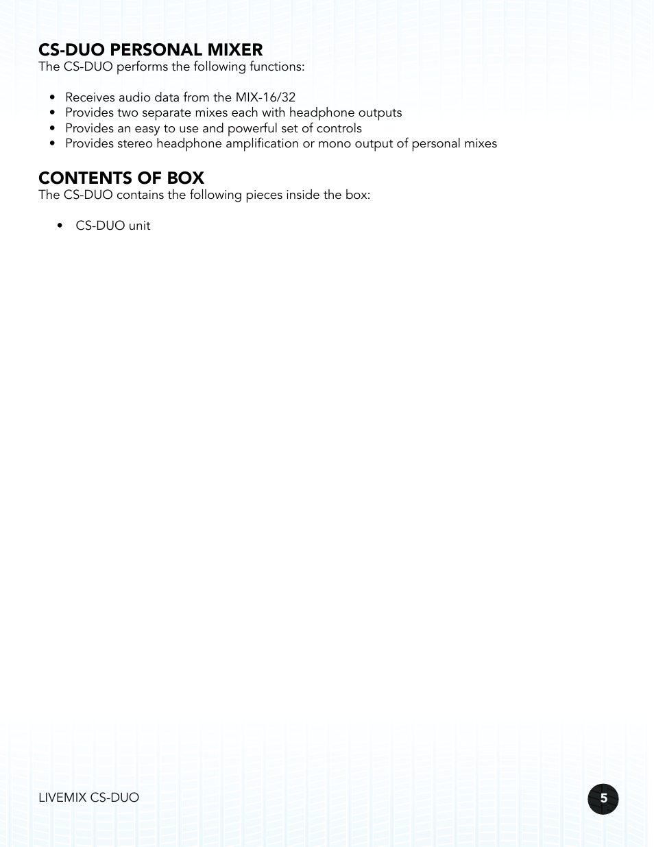 Cs-duo personal mixer, Contents of box | Digital Audio Labs Livemix CS-DUO Personal Mixer User Guide User Manual | Page 7 / 51