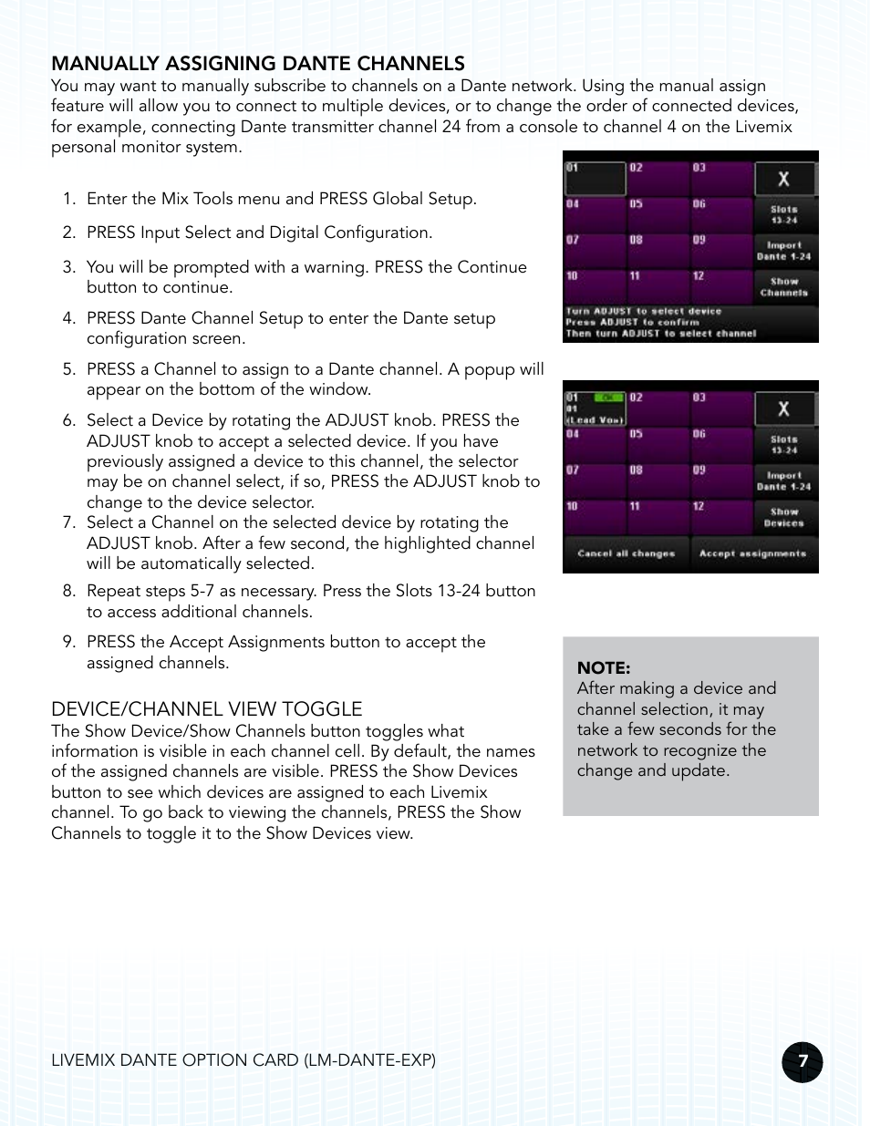 Manually assigning dante channels | Digital Audio Labs Livemix LM-DANTE-EXP Dante Option Card User Manual | Page 10 / 16