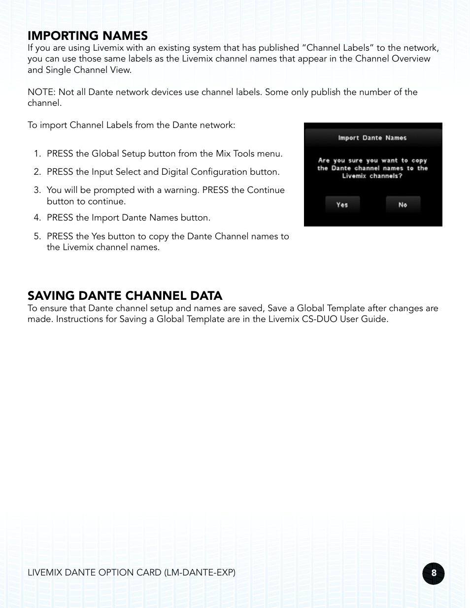 Importing names, Saving dante channel data | Digital Audio Labs Livemix LM-DANTE-EXP Dante Option Card User Manual | Page 11 / 16