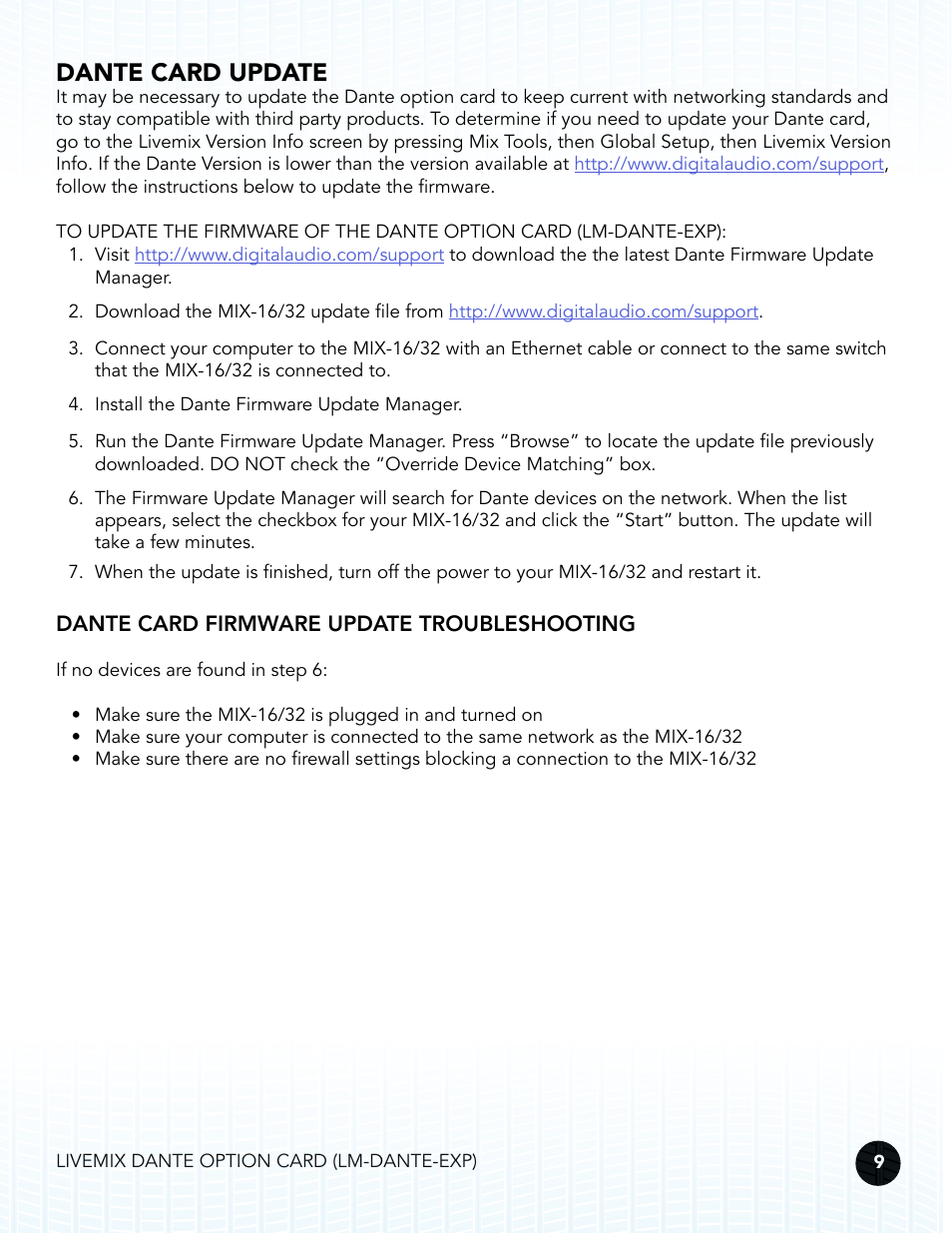 Dante card update, Dante card firmware update troubleshooting | Digital Audio Labs Livemix LM-DANTE-EXP Dante Option Card User Manual | Page 12 / 16