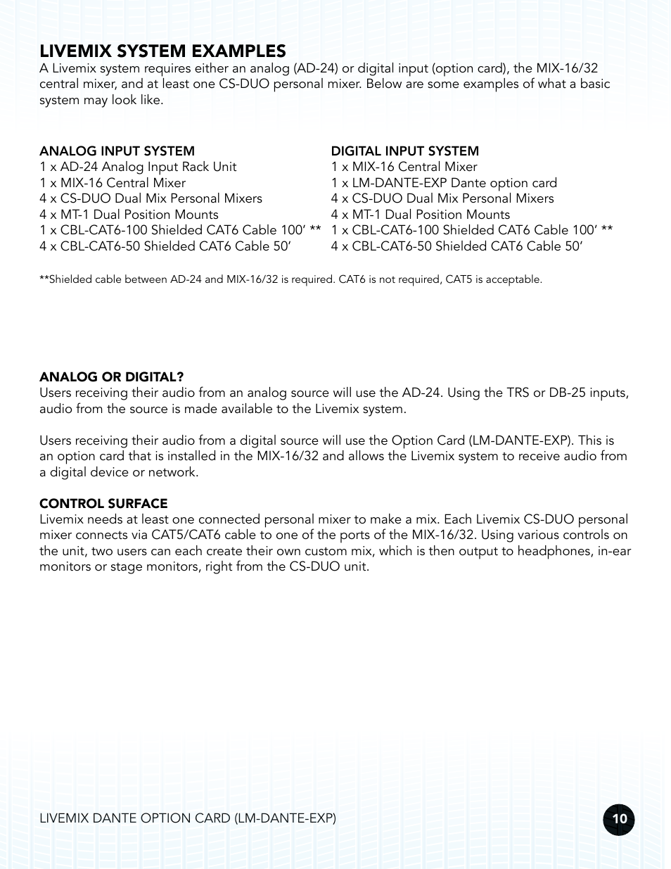 Livemix system examples | Digital Audio Labs Livemix LM-DANTE-EXP Dante Option Card User Manual | Page 13 / 16