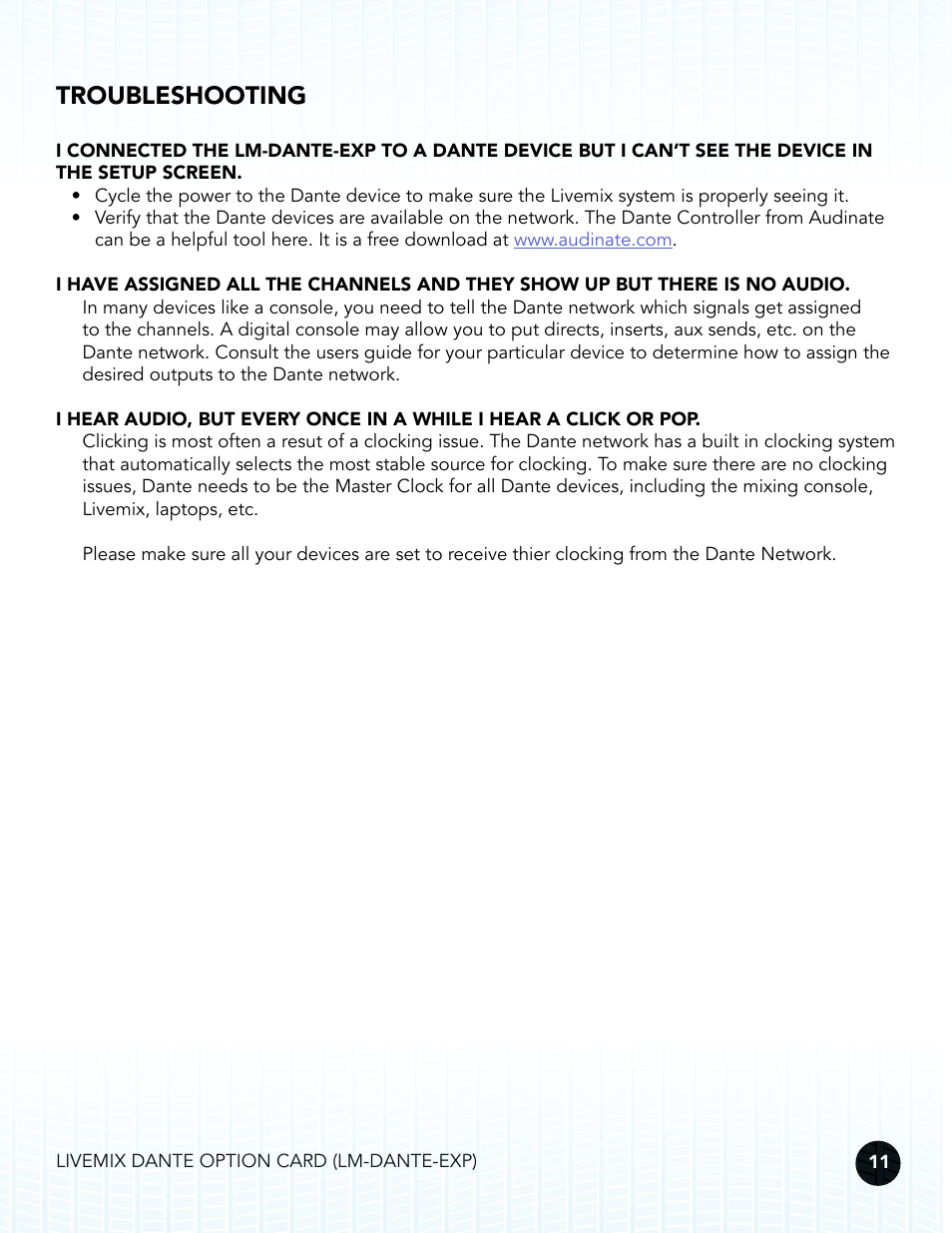 Troubleshooting | Digital Audio Labs Livemix LM-DANTE-EXP Dante Option Card User Manual | Page 14 / 16