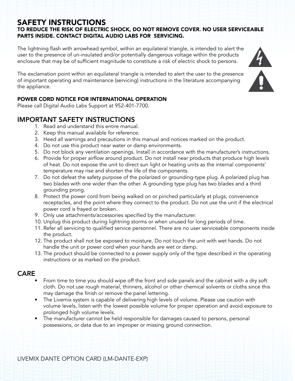 Safety instructions, Important safety instructions, Care | Digital Audio Labs Livemix LM-DANTE-EXP Dante Option Card User Manual | Page 2 / 16