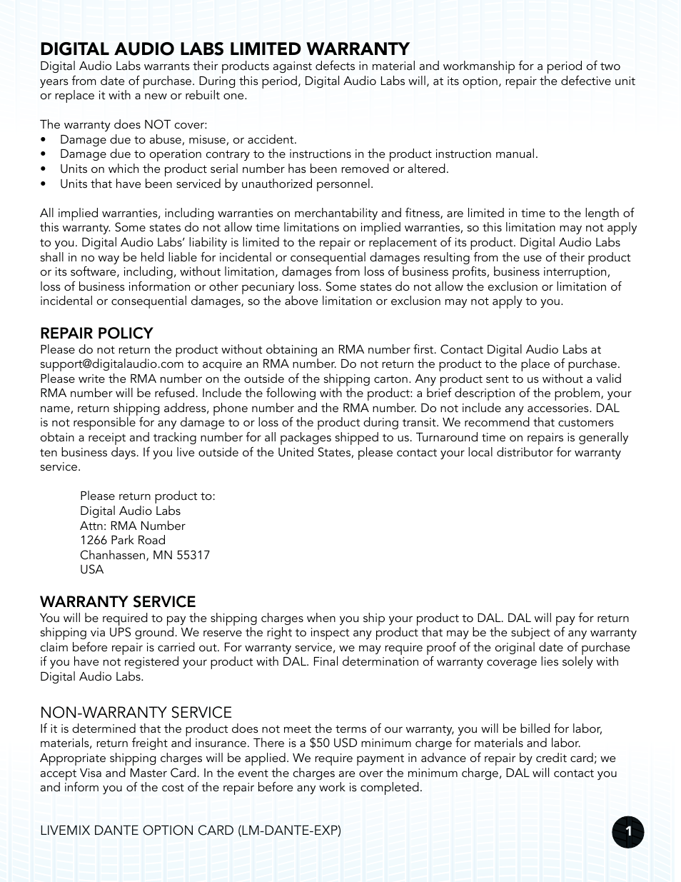 Digital audio labs limited warranty, Repair policy, Warranty service | Non-warranty service | Digital Audio Labs Livemix LM-DANTE-EXP Dante Option Card User Manual | Page 4 / 16