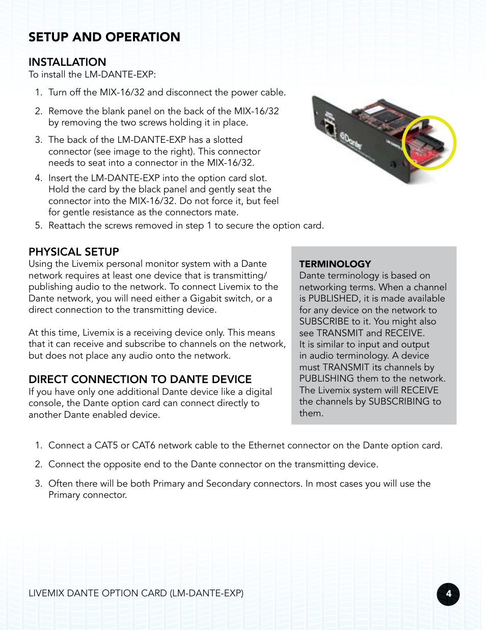 Setup and operation, Installation, Physical setup | Direct connection to dante device | Digital Audio Labs Livemix LM-DANTE-EXP Dante Option Card User Manual | Page 7 / 16