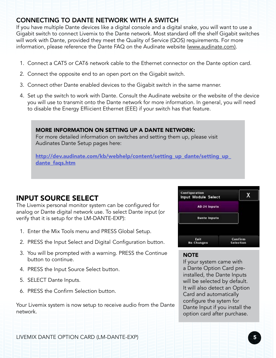 Connecting to dante network with a switch, Input source select | Digital Audio Labs Livemix LM-DANTE-EXP Dante Option Card User Manual | Page 8 / 16