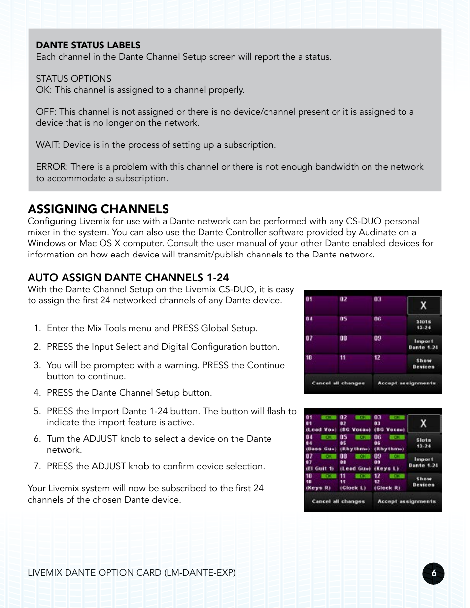 Assigning channels, Auto assign dante channels 1-24 | Digital Audio Labs Livemix LM-DANTE-EXP Dante Option Card User Manual | Page 9 / 16