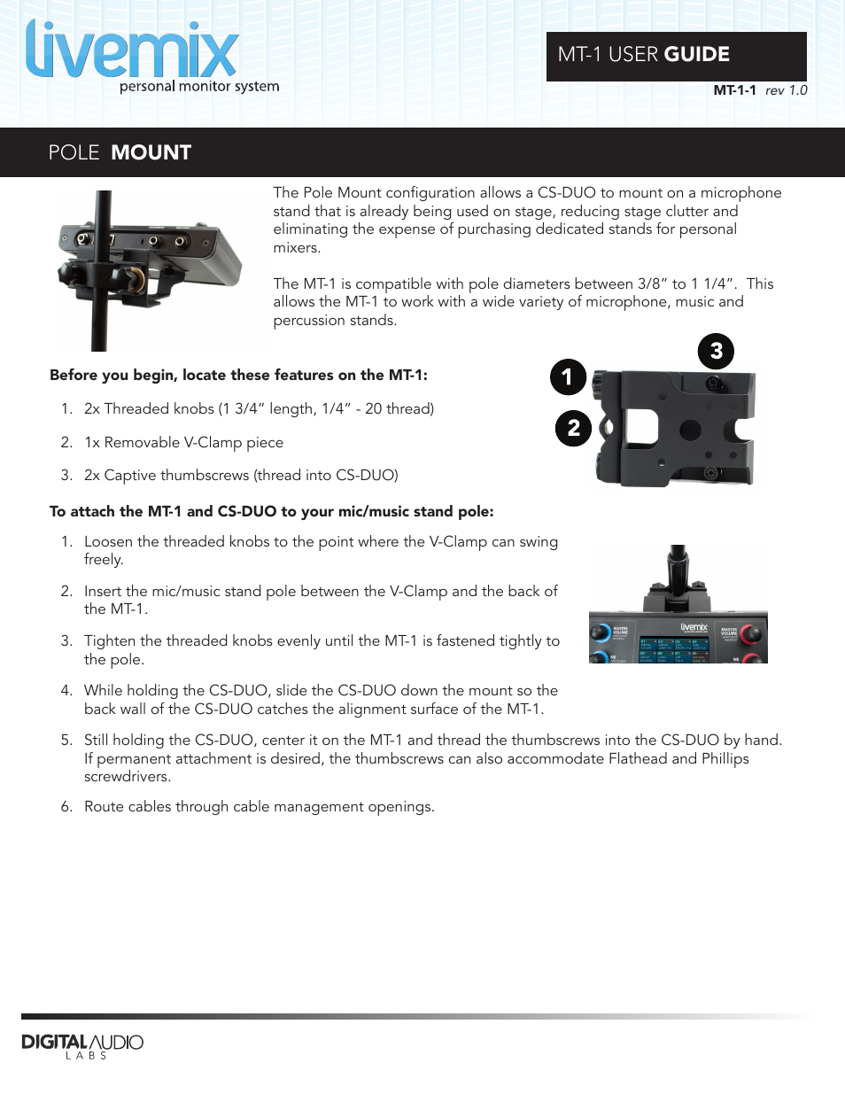 Digital Audio Labs Livemix MT-1 Microphone Stand Mount User Manual | 2 pages