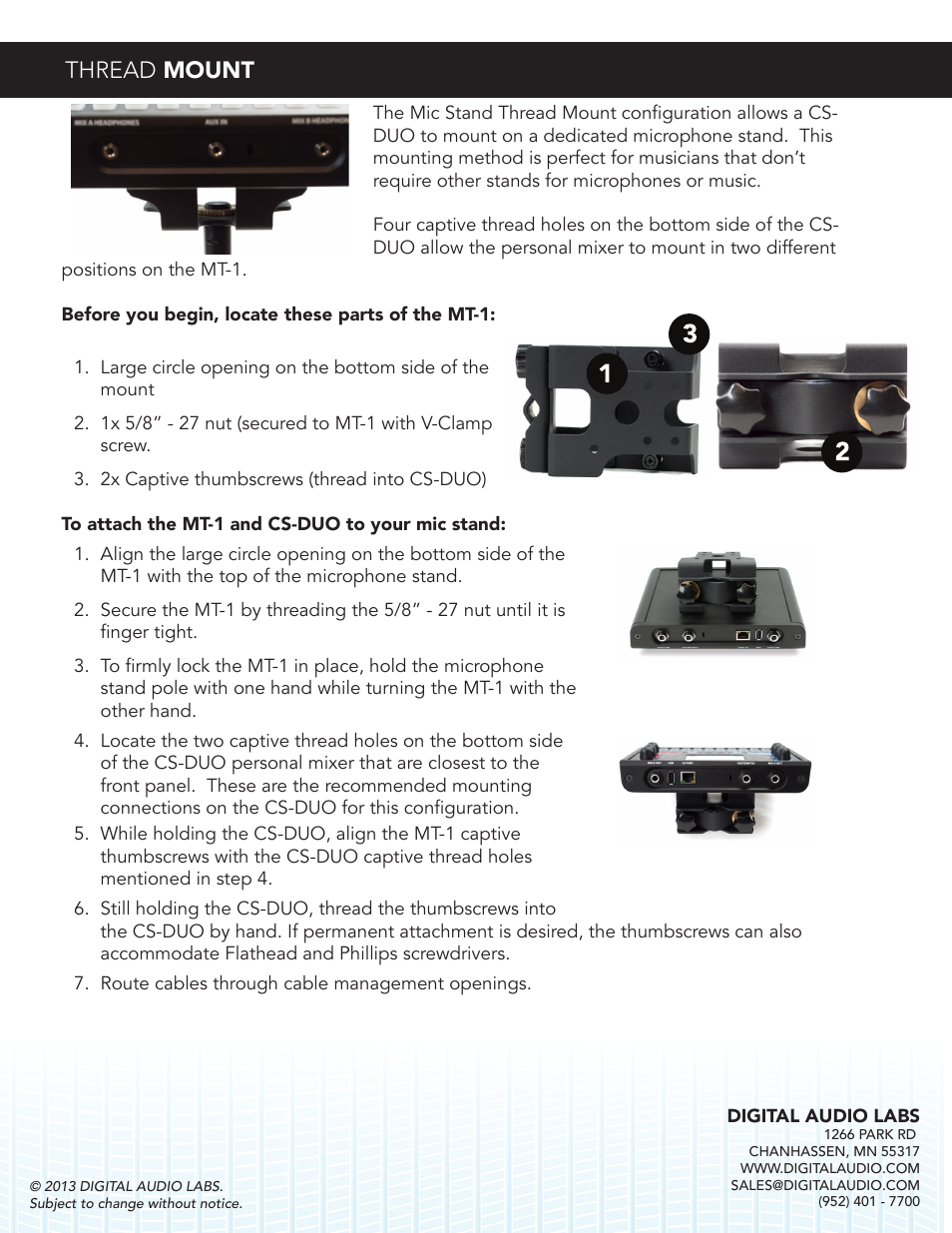 Thread mount | Digital Audio Labs Livemix MT-1 Microphone Stand Mount User Manual | Page 2 / 2
