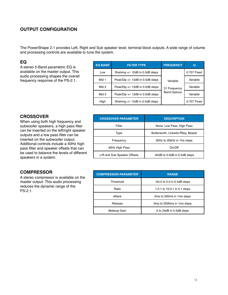 Output configuration, Crossover, Compressor | Digital Audio Labs PowerShape 2.1 User Manual | Page 12 / 38