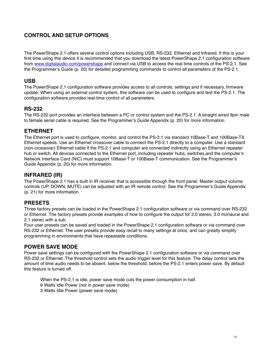 Control and setup options, Rs-232, Ethernet | Infrared (ir), Presets, Power save mode | Digital Audio Labs PowerShape 2.1 User Manual | Page 14 / 38