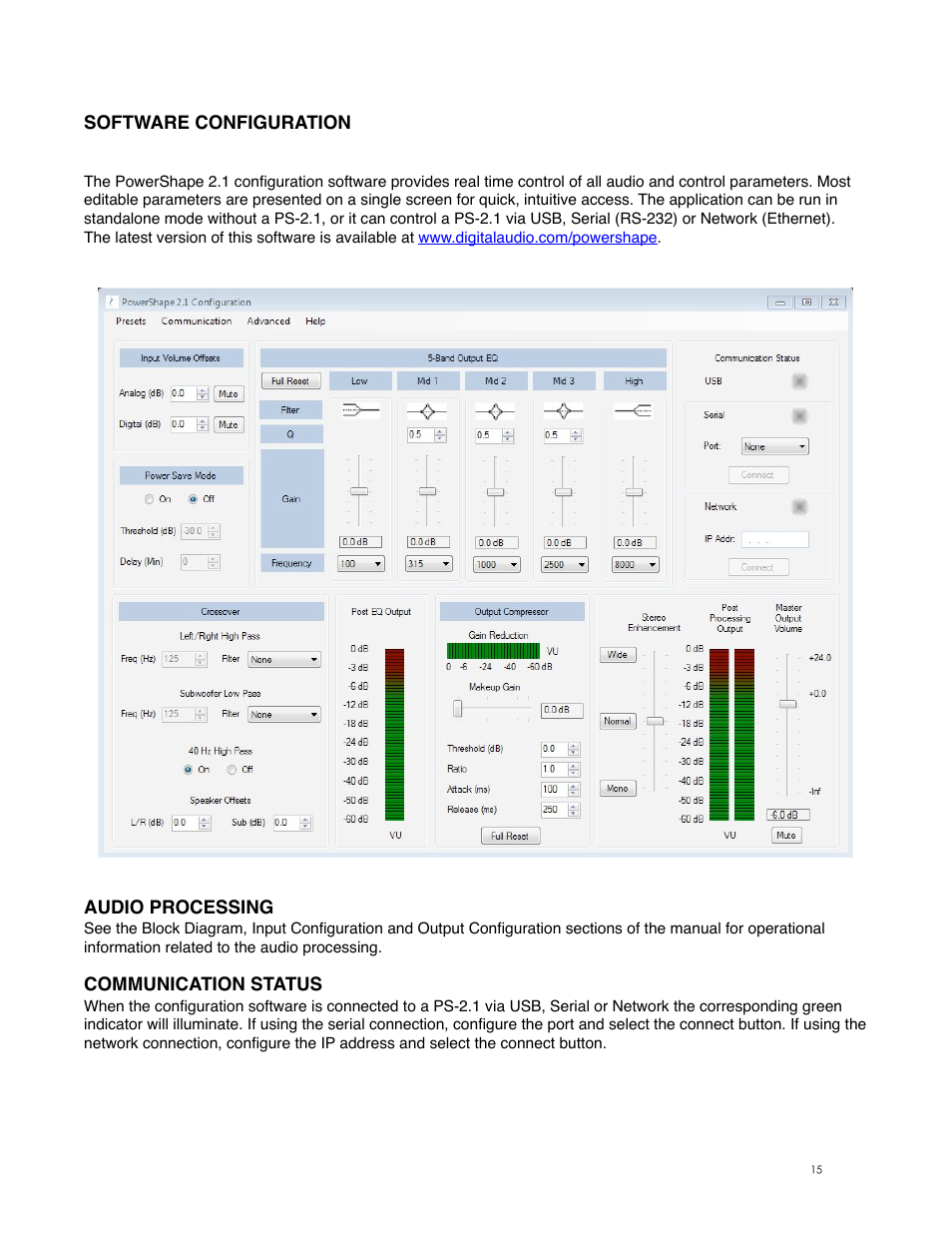 Software configuration, Audio processing, Communication status | Digital Audio Labs PowerShape 2.1 User Manual | Page 15 / 38