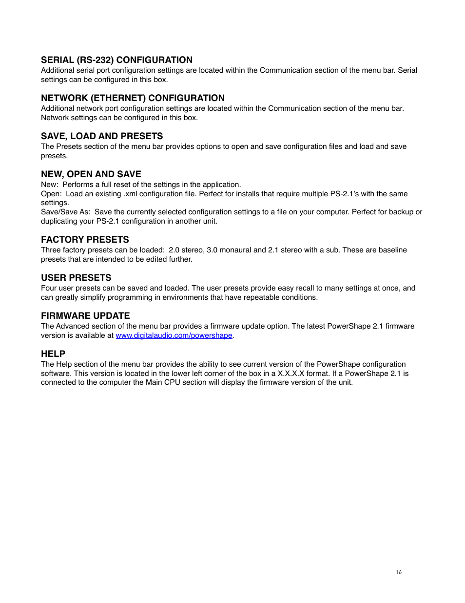 Serial (rs-232) configuration, Network (ethernet) configuration, Save, load and presets | New, open and save, Factory presets, User presets, Firmware update, Help | Digital Audio Labs PowerShape 2.1 User Manual | Page 16 / 38