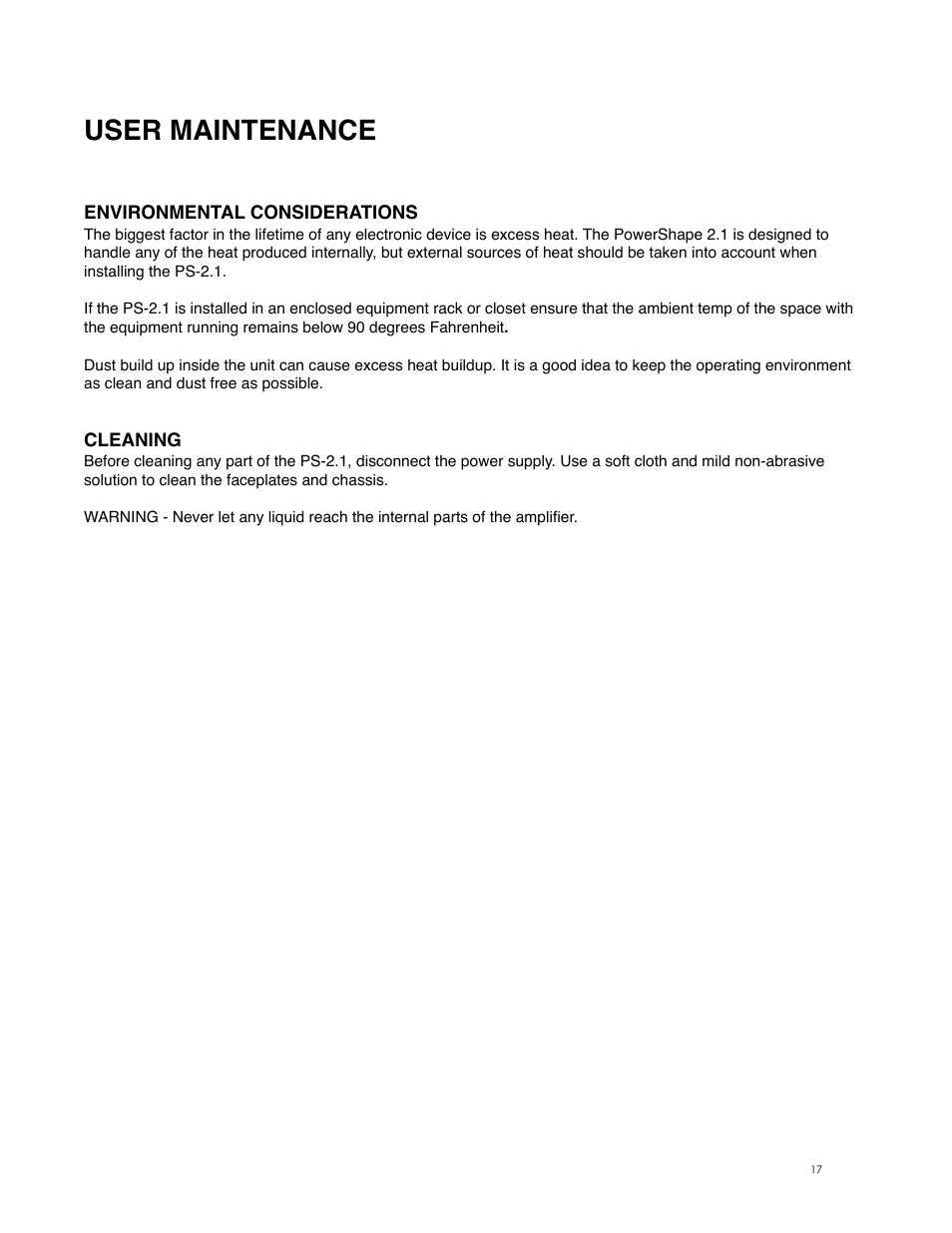 User maintenance, Environmental considerations, Cleaning | Digital Audio Labs PowerShape 2.1 User Manual | Page 17 / 38