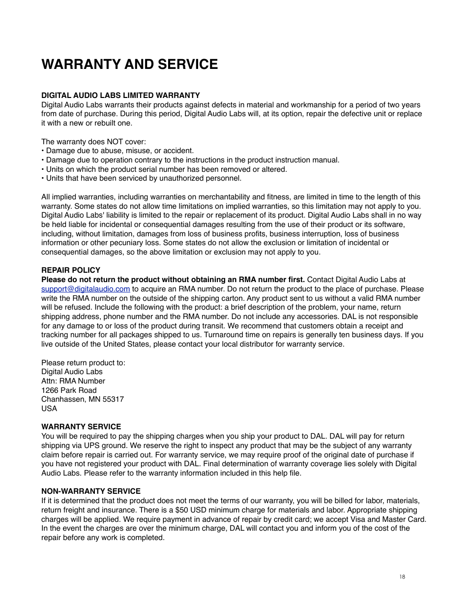 Warranty and service | Digital Audio Labs PowerShape 2.1 User Manual | Page 18 / 38