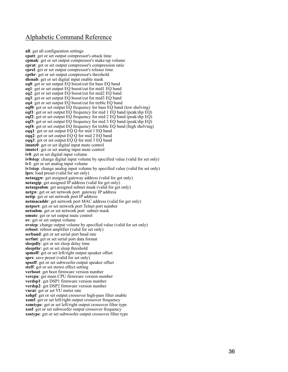 Alphabetic command reference | Digital Audio Labs PowerShape 2.1 User Manual | Page 36 / 38