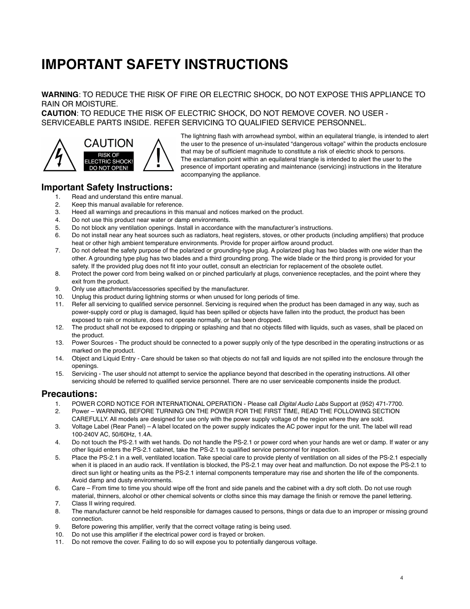 Important safety instructions, Precautions | Digital Audio Labs PowerShape 2.1 User Manual | Page 4 / 38