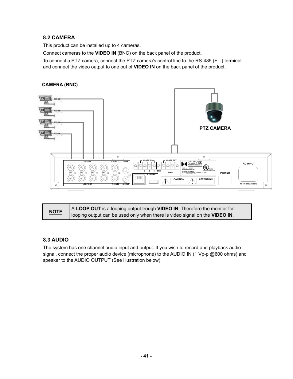 2 camera, 3 audio, Ptz camera camera (bnc) | Clover | Clover Electronics CDR 4170 User Manual | Page 46 / 67