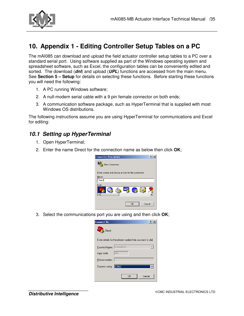 1 setting up hyperterminal | CMC electronic MAI085MB User Manual | Page 39 / 50