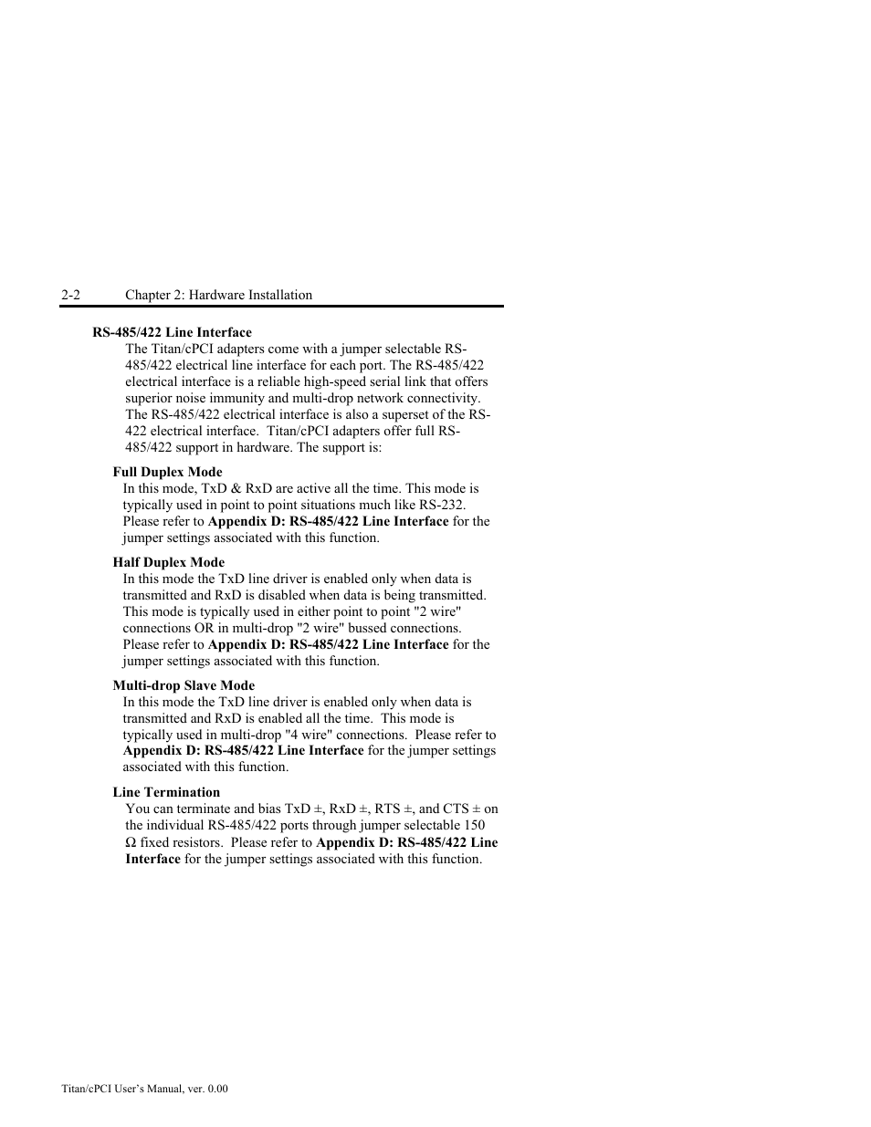 Rs-485/422 line interface -2, Full duplex mode -2, Half duplex mode -2 | Multi-drop slave mode -2, Line termination -2 | Connect Tech JB2 User Manual | Page 16 / 36