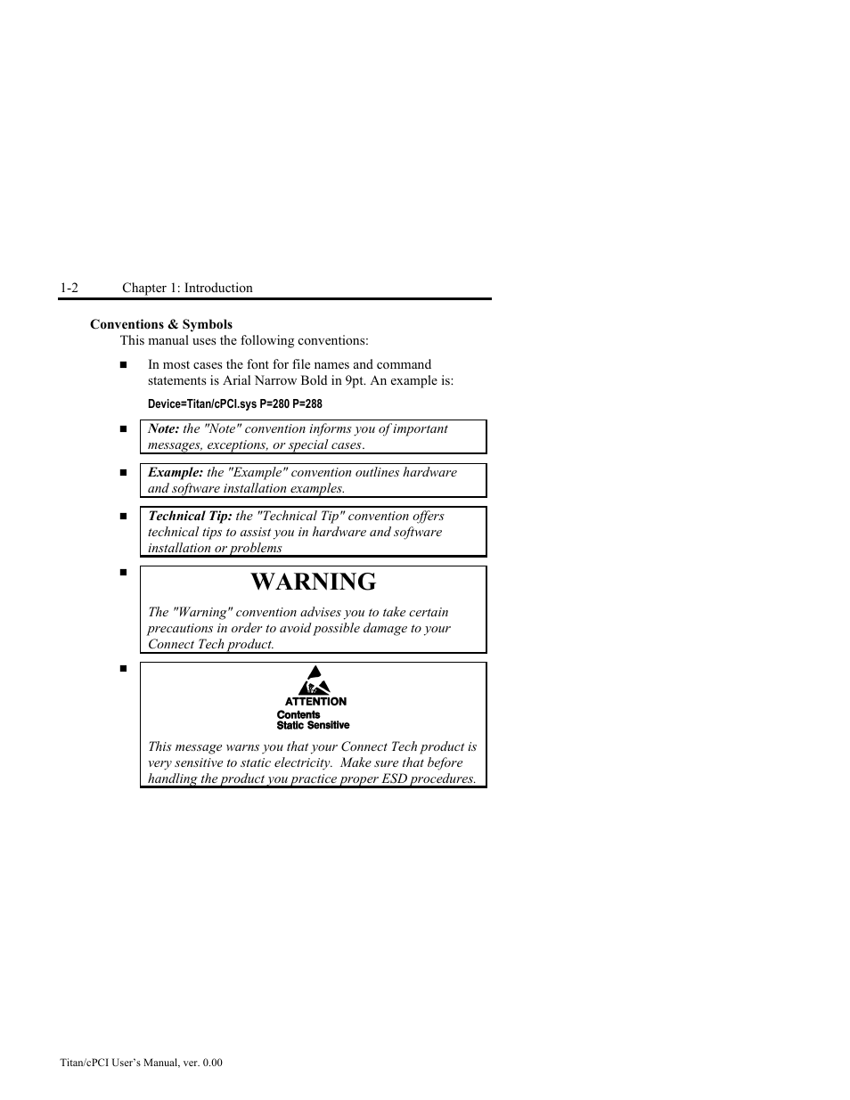 Conventions & symbols -2, Warning | Connect Tech JB2 User Manual | Page 8 / 36