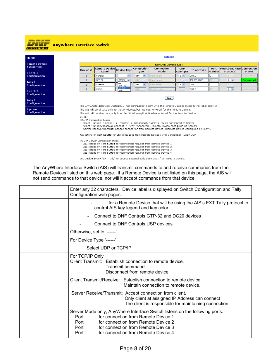 Remote device list configuration web page | DNF Controls AnyWhere Interface Switch User Manual | Page 8 / 20