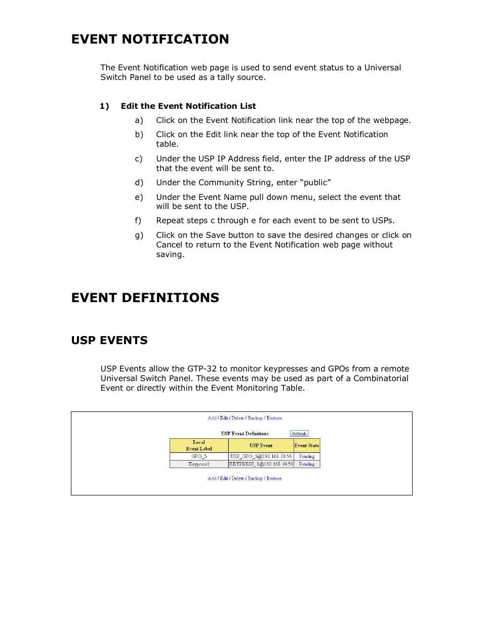 Event notification, Event definitions, Usp events | DNF Controls GTP-32 User Manual | Page 16 / 47