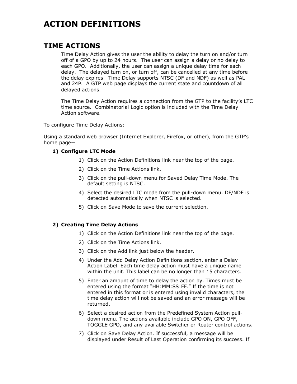 Action definitions, Time actions | DNF Controls GTP-32 User Manual | Page 27 / 47