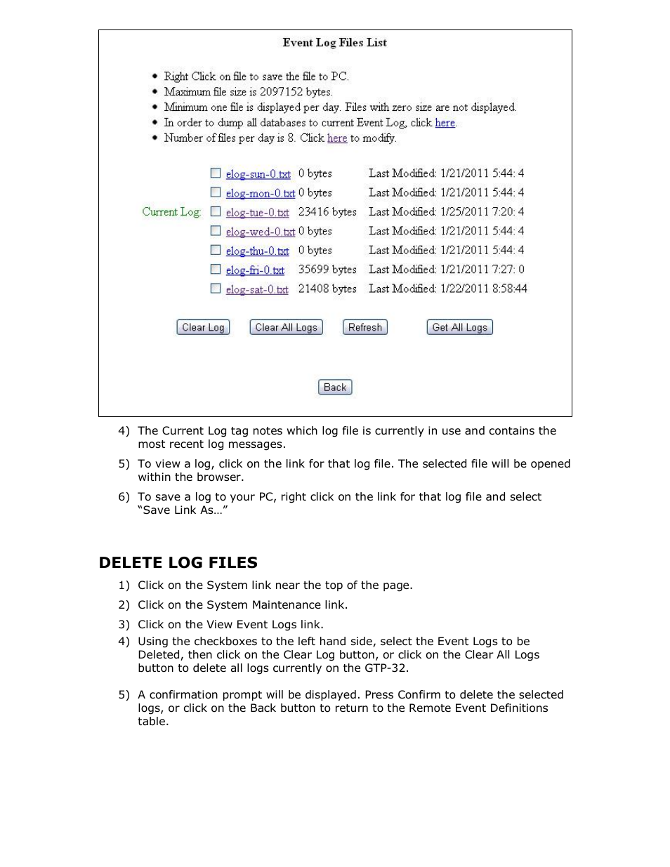 Delete log files | DNF Controls GTP-32 User Manual | Page 38 / 47
