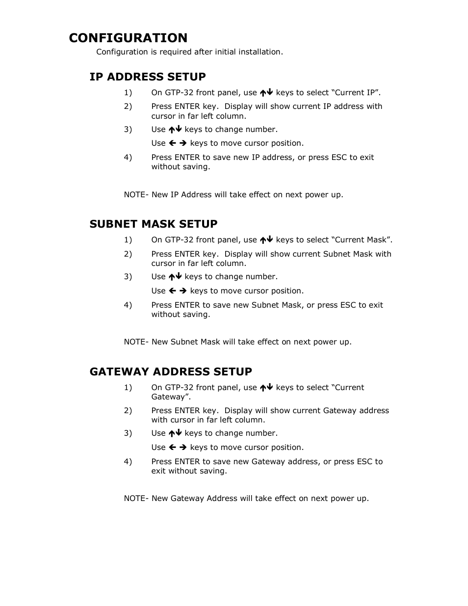 Configuration, Ip address setup, Subnet mask setup | Gateway address setup | DNF Controls GTP-32 User Manual | Page 5 / 47