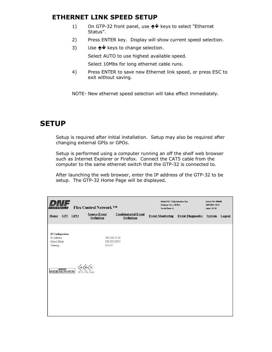 Setup, Ethernet link speed setup | DNF Controls GTP-32 User Manual | Page 6 / 47