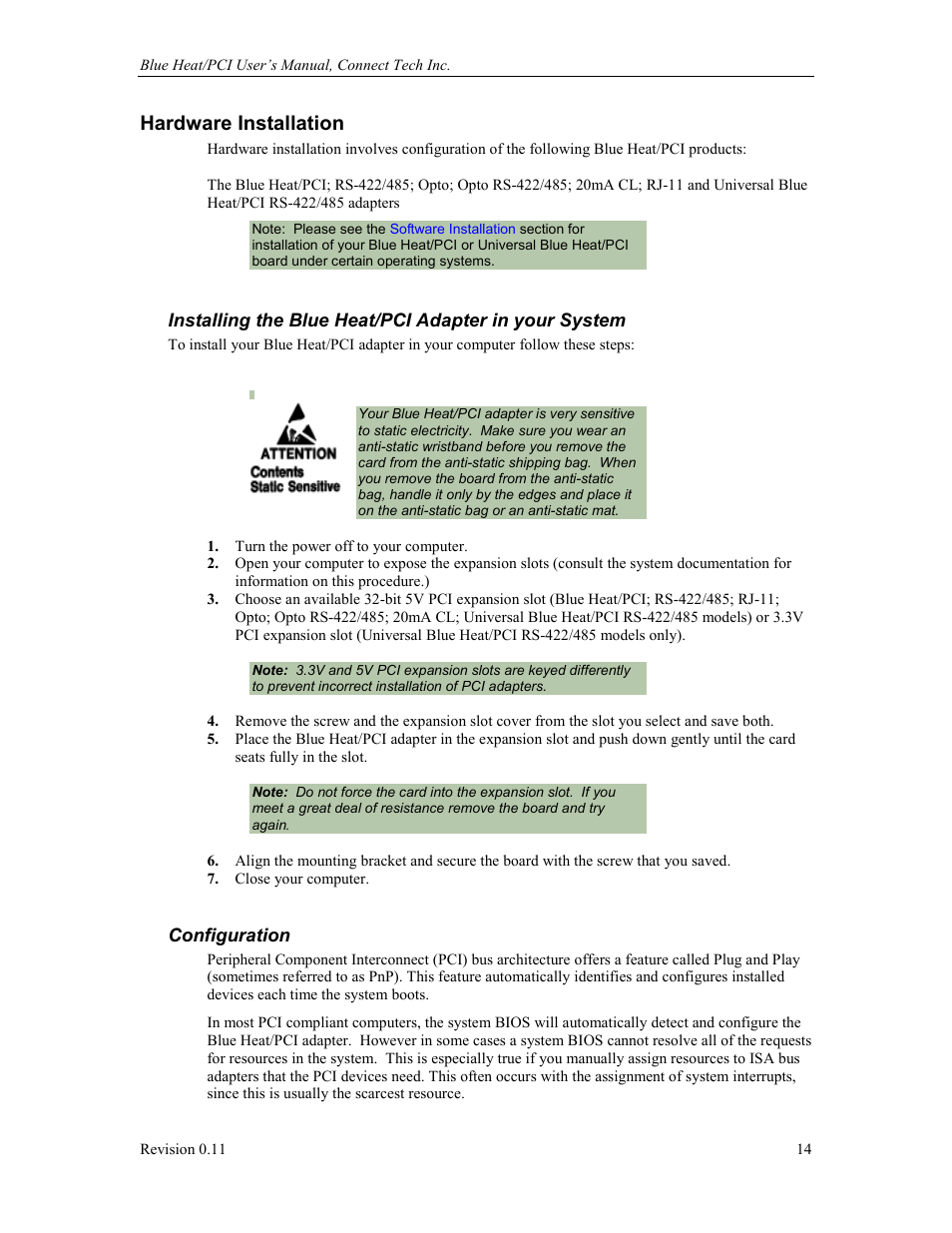 Hardware installation, Configuration | Connect Tech Blue Heat/PCI PCI Serial Communications User Manual | Page 14 / 47