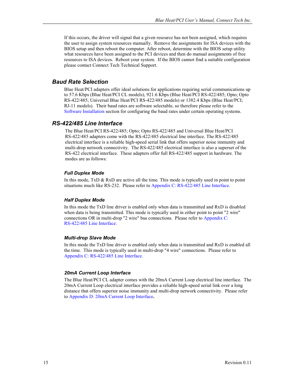 Baud rate selection, Rs422/485 line interface, Rs-422/485 line interface | Full duplex mode, Half duplex mode, Multi-drop slave mode, 20ma current loop interface | Connect Tech Blue Heat/PCI PCI Serial Communications User Manual | Page 15 / 47